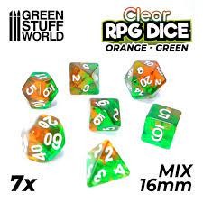 7x Mix 16mm Dice - Clear Orange/Green - Green Stuff World